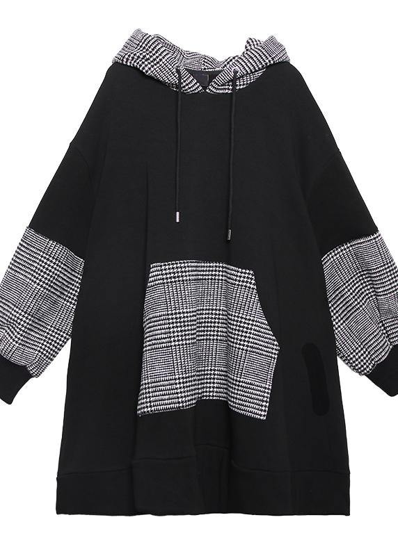 Elegant black patchwork cotton Tunic thick Dresses hooded top - SooLinen