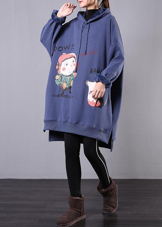 Elegant blue print cotton box top hooded drawstring fall blouse - SooLinen