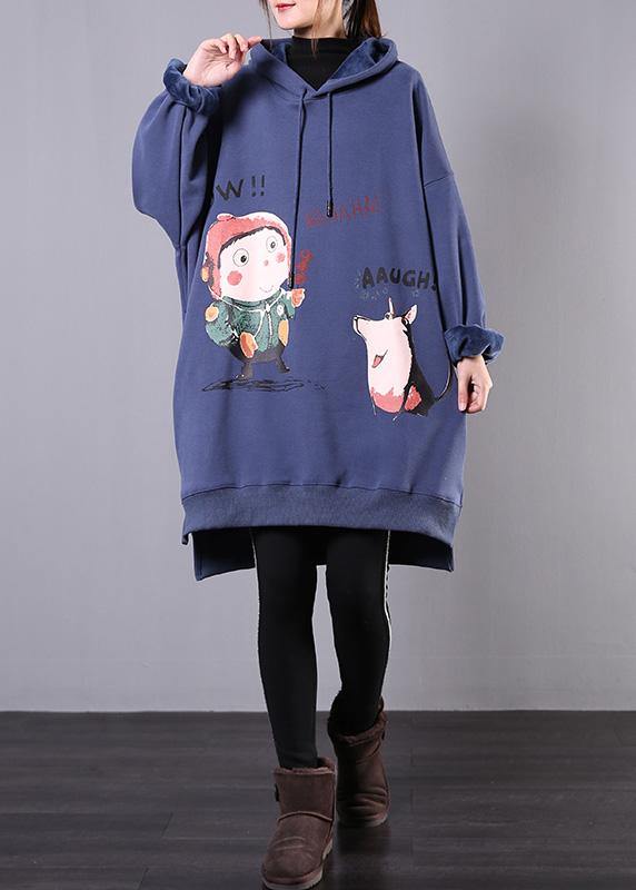 Elegant blue print cotton box top hooded drawstring fall blouse - SooLinen