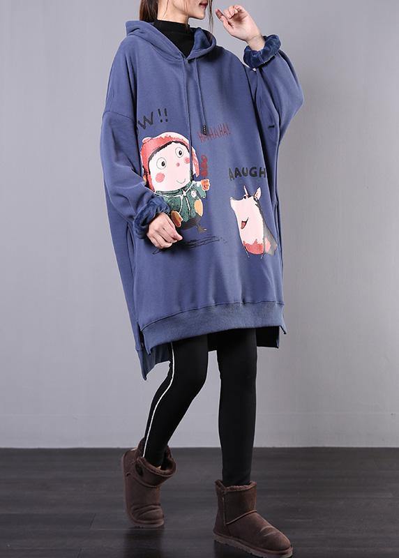 Elegant blue print cotton box top hooded drawstring fall blouse - SooLinen