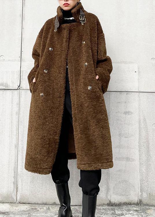 Elegant chocolate woolen coats Winter coat lapel pockets coats - SooLinen