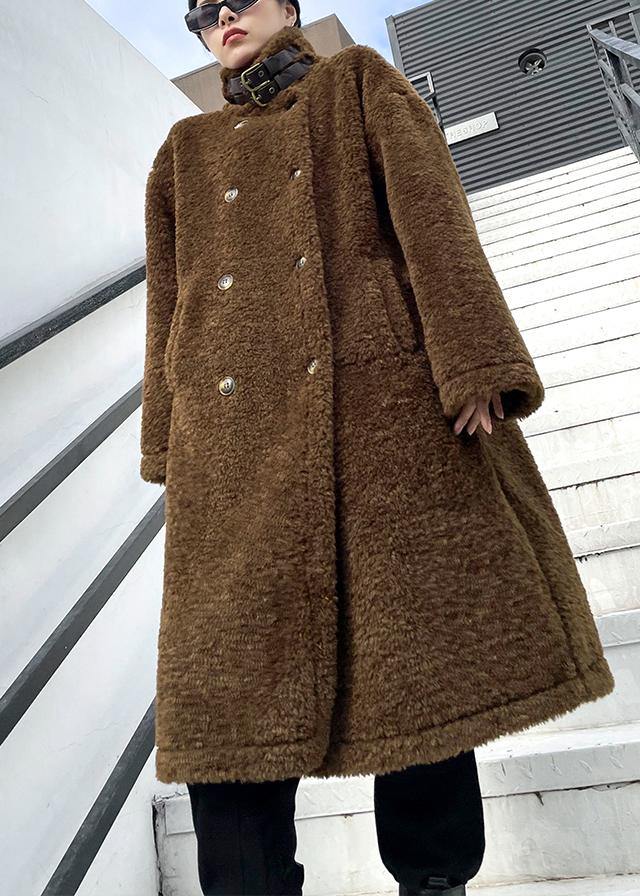 Elegant chocolate woolen coats Winter coat lapel pockets coats - SooLinen