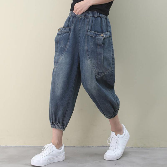 Elegant dark denim blue trousers  summer pockets Cotton shorts - SooLinen