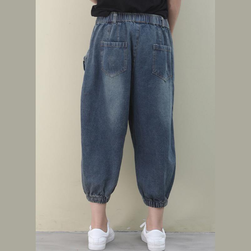 Elegant dark denim blue trousers  summer pockets Cotton shorts - SooLinen