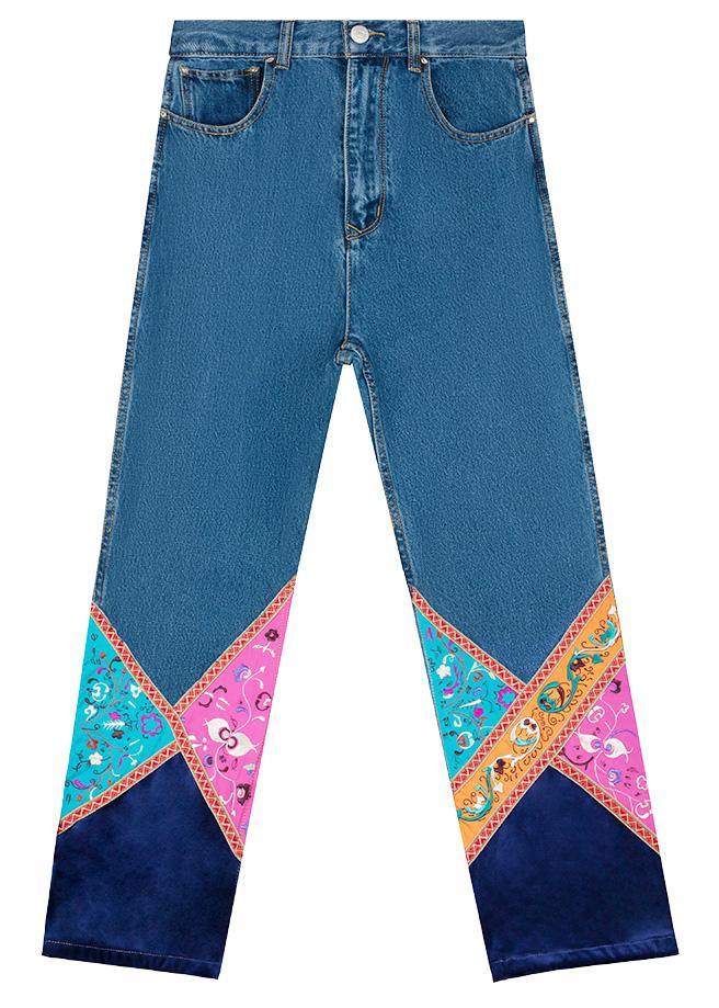 Elegant high waist pants fall fashion denim blue design patchwork pant - SooLinen