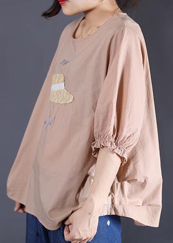 Elegant khaki cotton tunic top o neck silhouette summer blouses - SooLinen