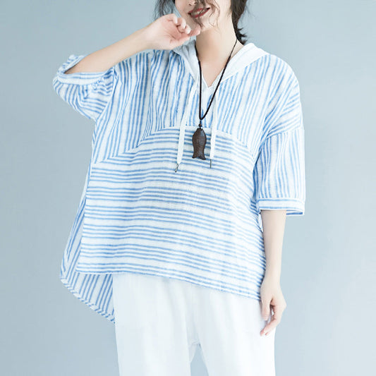 Elegant light blue striped cotton crane tops Boho Wardrobes hooded baggy low high design blouses