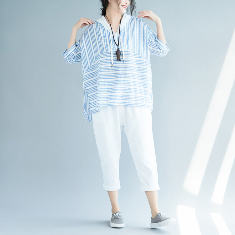 Elegant light blue striped cotton crane tops Boho Wardrobes hooded baggy low high design blouses