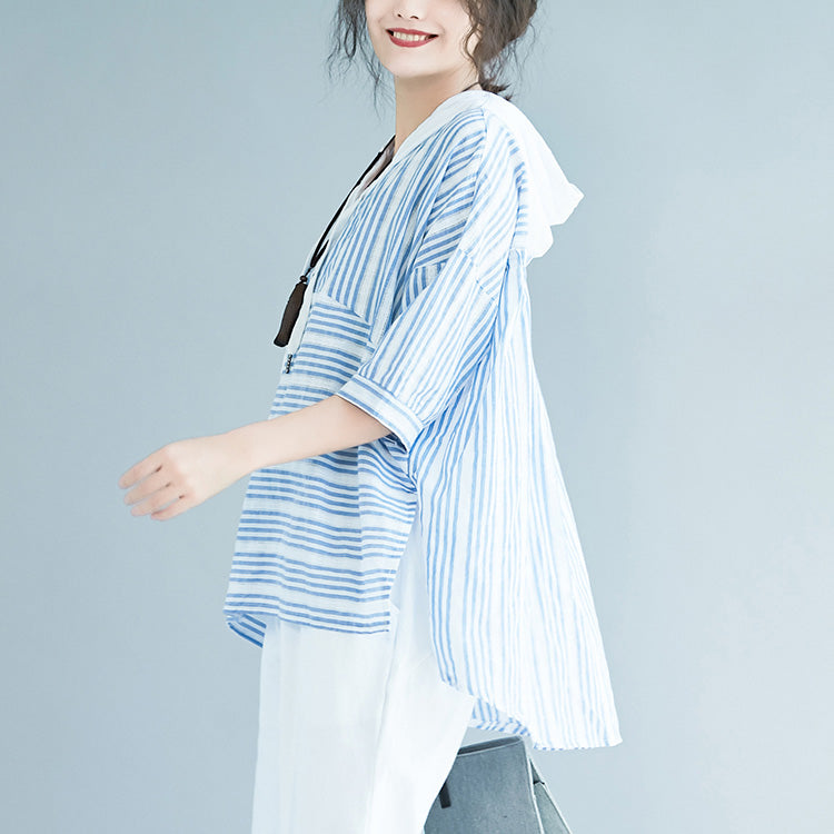 Elegant light blue striped cotton crane tops Boho Wardrobes hooded baggy low high design blouses