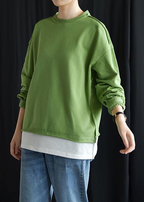 Elegant o neck false two pieces cotton linen tops women green top fall - SooLinen