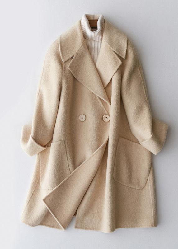 Elegant trendy plus size mid-length coats double breast jackets beige big pockets woolen coats - SooLinen