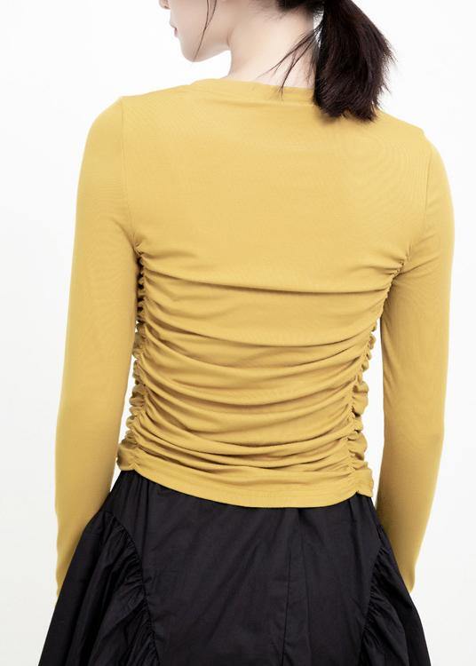 Elegant yellow cotton clothes Cinched wild o neck pullover - SooLinen