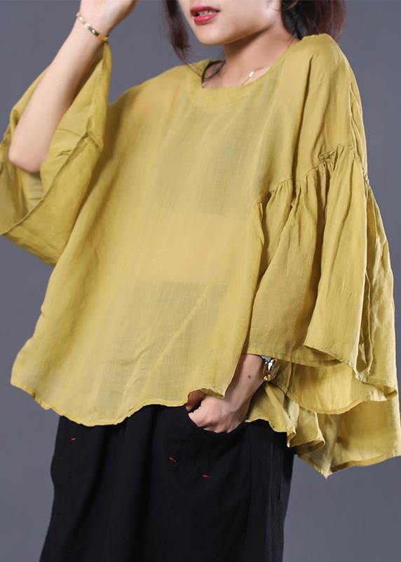 Elegant yellow linen Tunic Cotton o neck summer ruffles shirt - SooLinen