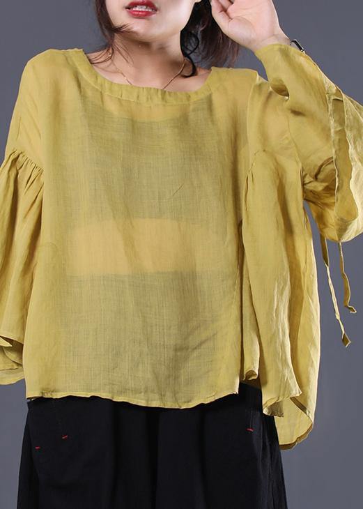 Elegant yellow linen Tunic Cotton o neck summer ruffles shirt - SooLinen