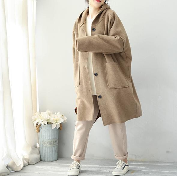 Fashion 2018 Khaki Simple Hoodie Medium Length Woolen Coat For Women