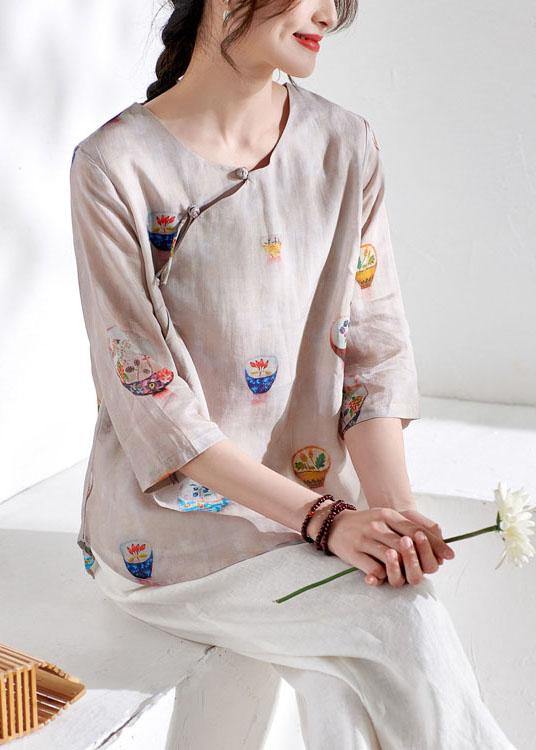 Fashion Beige Patchwork Print Button Summer Ramie Top - SooLinen