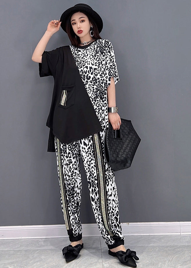 Fashion Black Asymmetrical Patchwork Leopard Print Cotton Two Pieces Set Summer