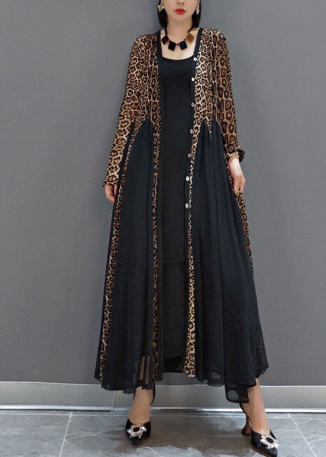 Fashion Black Button V Neck Patchwork Leopard Chiffon Maxi Dress Spring