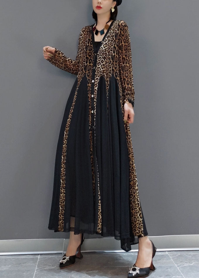 Fashion Black Button V Neck Patchwork Leopard Chiffon Maxi Dress Spring