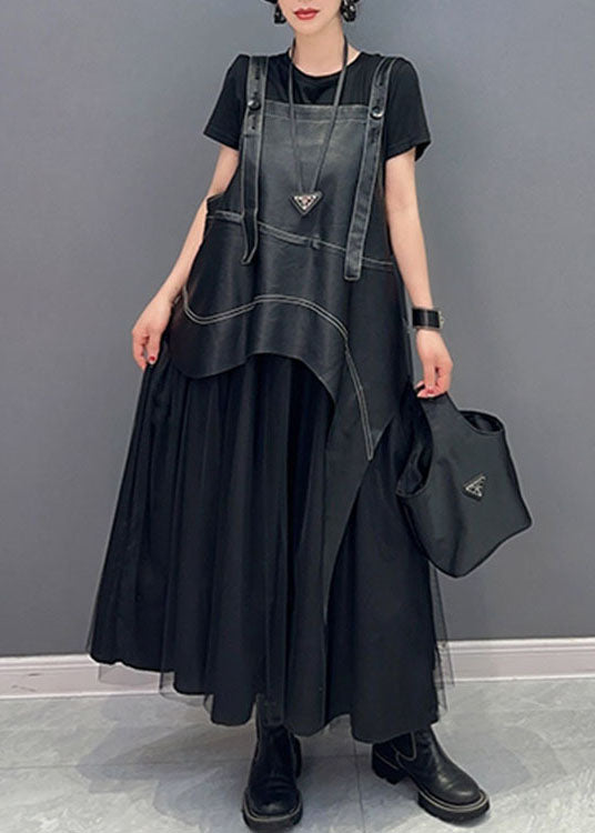 Fashion Black Faux Leather Asymmetrical Patchwork Tulle Dresses Summer