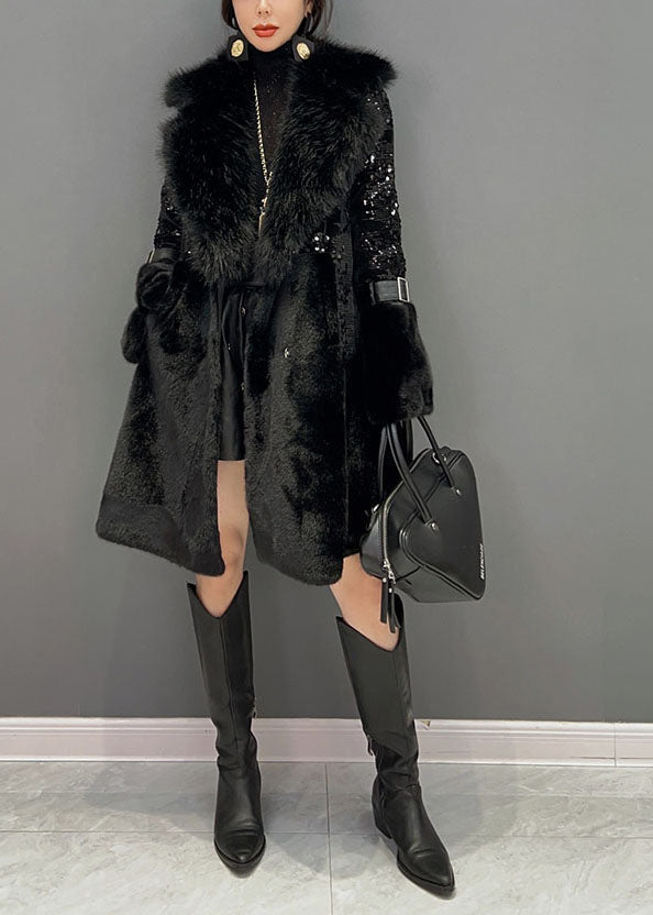 Fashion Black Fur Collar Sequins Patchwork Pockets Leather And Fur Coats Winter