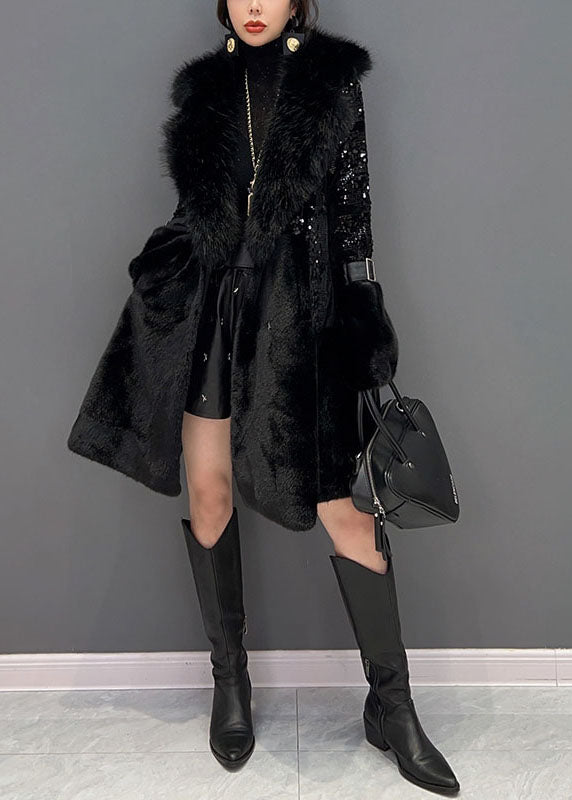 Fashion Black Fur Collar Sequins Patchwork Pockets Leather And Fur Coats Winter