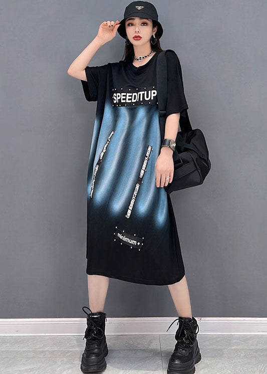 Fashion Black O-Neck Print Cotton Streetwear Dress Short Sleeve