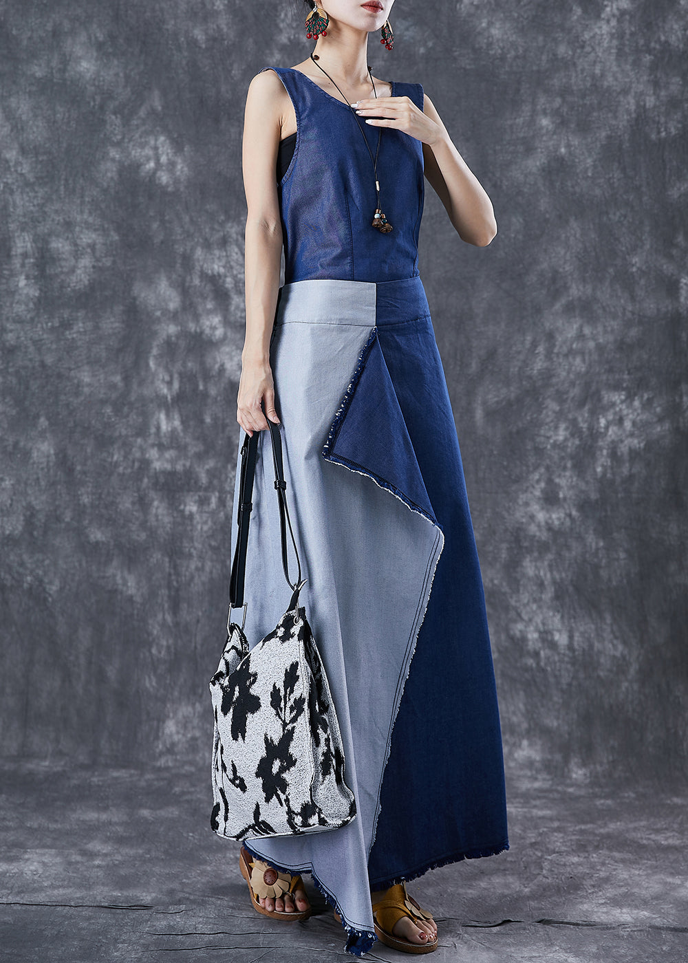 Fashion Blue Asymétrique patchwork Backless Denim Robe Summer