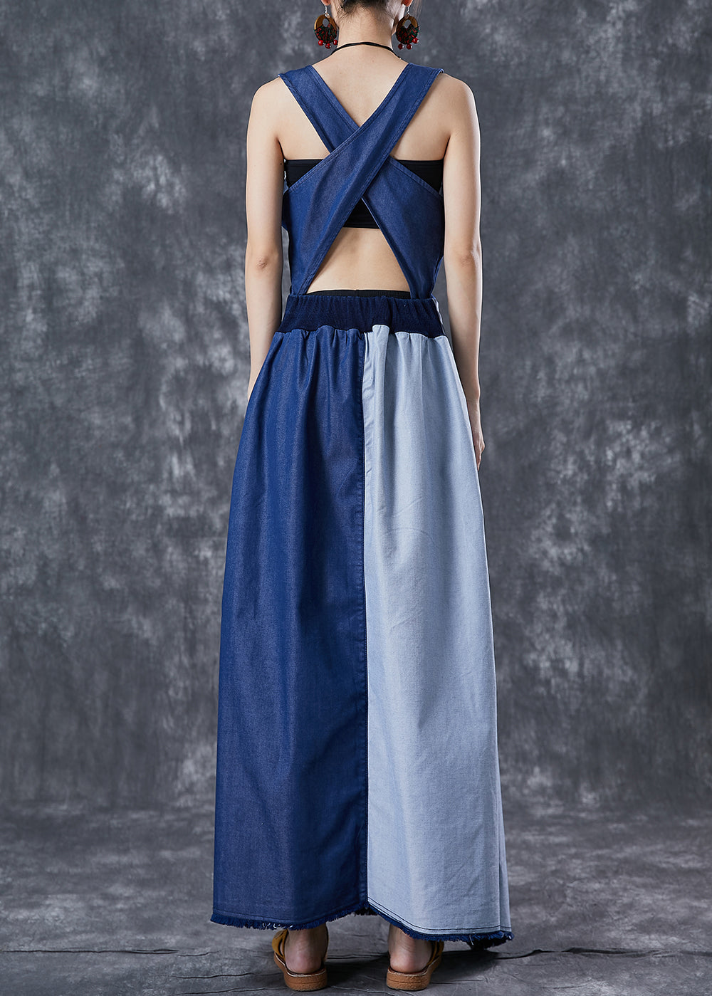 Fashion Blue Asymétrique patchwork Backless Denim Robe Summer