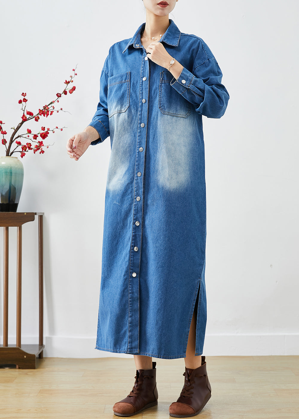 Fashion Blue Bouton Down Down Open Trench Coats Fall