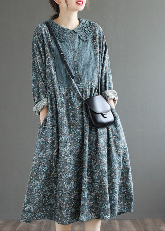 Robe d'automne à bouton mignon bleu mode