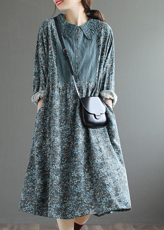 Robe d'automne à bouton mignon bleu mode