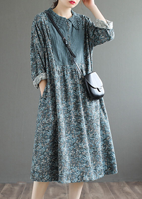 Robe d'automne à bouton mignon bleu mode