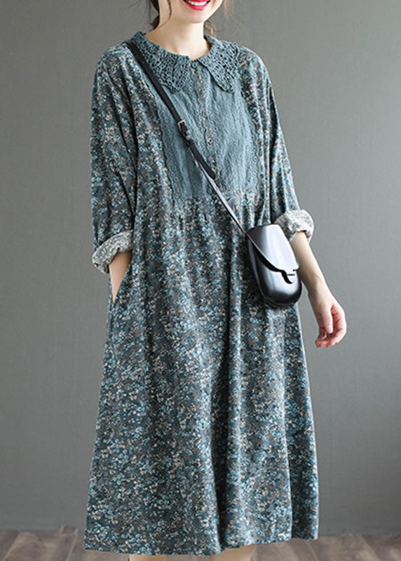 Robe d'automne à bouton mignon bleu mode