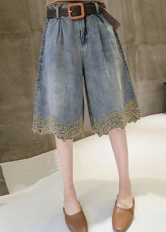 Fashion Blue High Washing Lace Patchwork Denim Shorts Summer