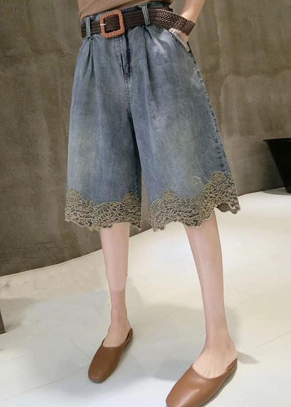 Fashion Blue High Washing Lace Patchwork Denim Shorts Summer