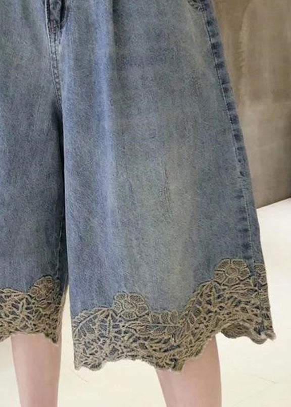 Fashion Blue High Washing Lace Patchwork Denim Shorts Summer