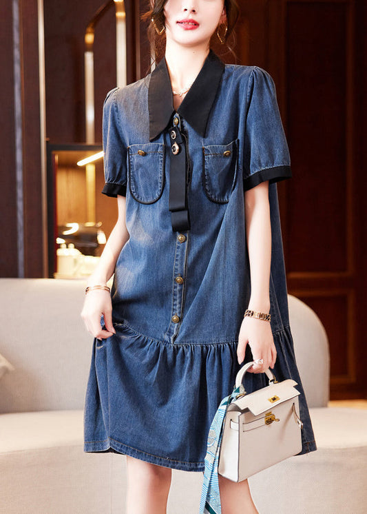 Fashion Blue Peter Pan Collar Patchwork Ruffles Denim Robes Summer