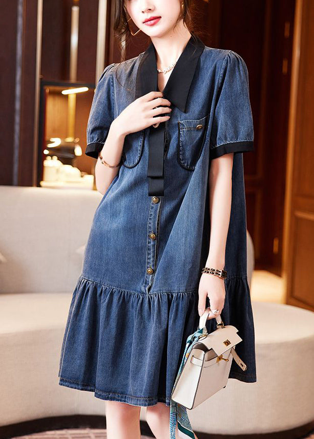 Fashion Blue Peter Pan Collar Patchwork Ruffles Denim Robes Summer