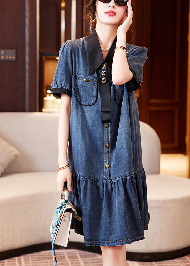 Fashion Blue Peter Pan Collar Patchwork Ruffles Denim Robes Summer