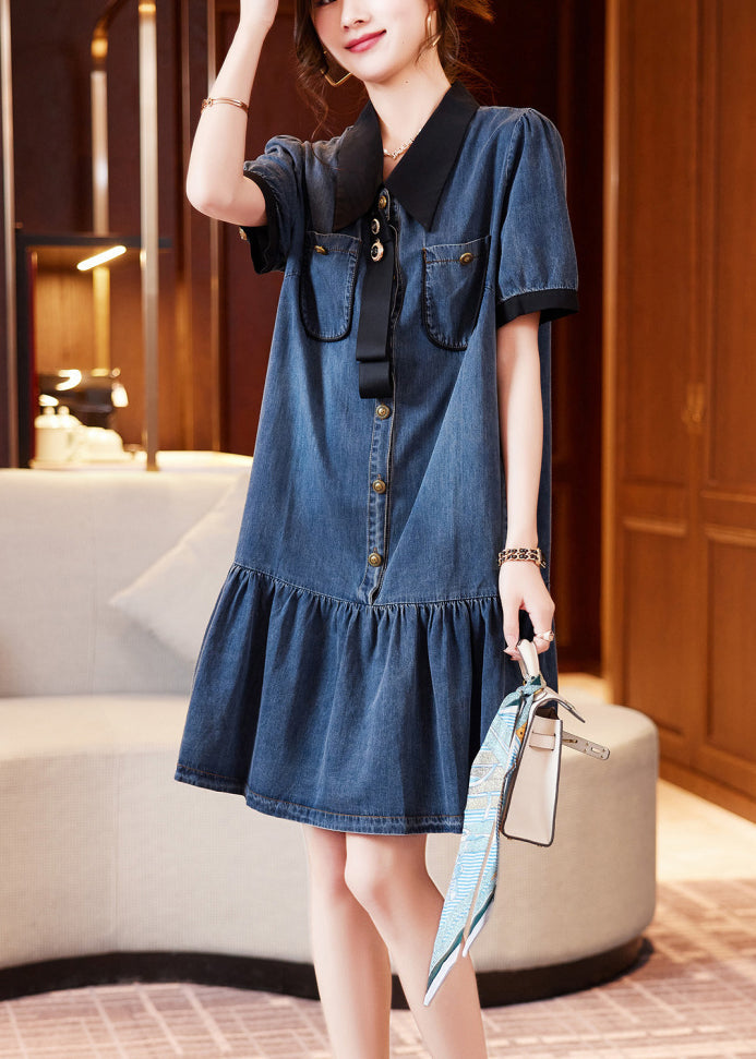 Fashion Blue Peter Pan Collar Patchwork Ruffles Denim Robes Summer