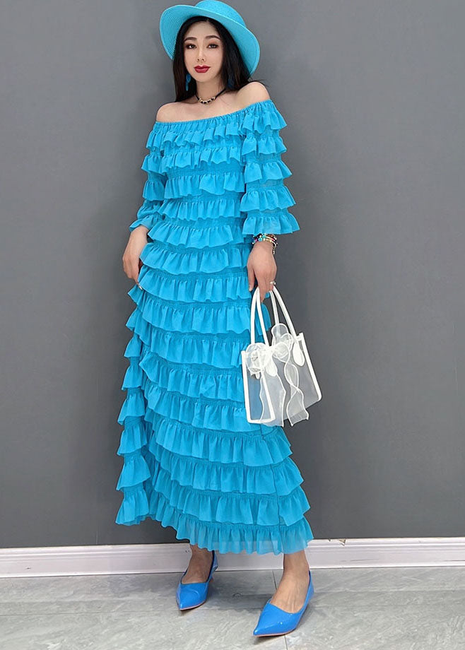 Fashion Blue Slash Neckered Ruffles Tulle Long Robes Half Mancheve