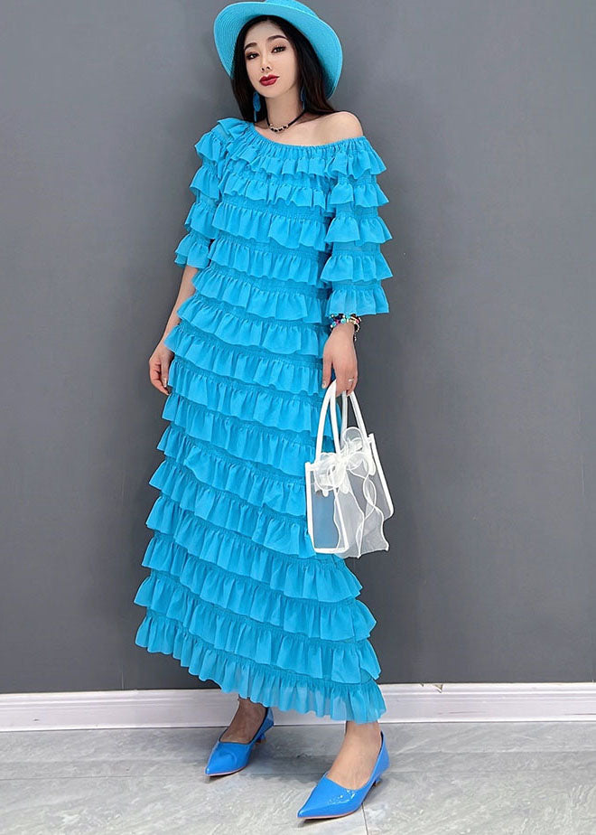 Fashion Blue Slash Neckered Ruffles Tulle Long Robes Half Mancheve