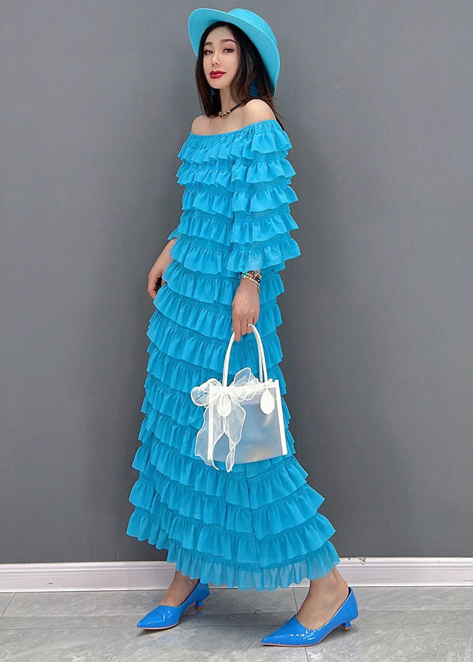 Fashion Blue Slash Neckered Ruffles Tulle Long Robes Half Mancheve