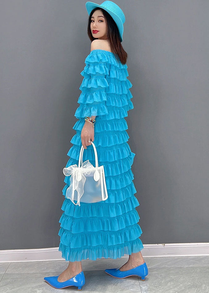 Fashion Blue Slash Neckered Ruffles Tulle Long Robes Half Mancheve