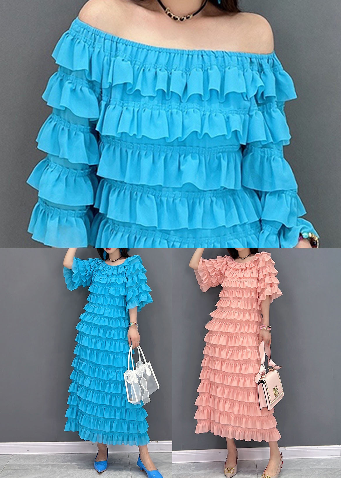 Fashion Blue Slash Neckered Ruffles Tulle Long Robes Half Mancheve