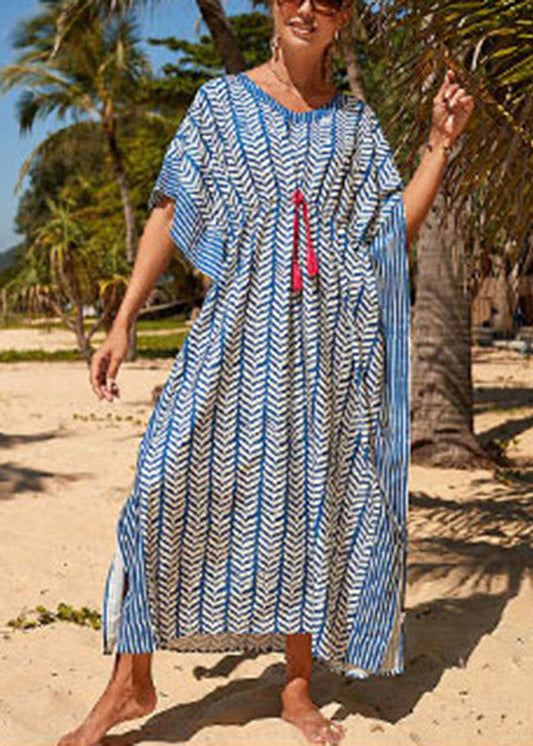 Fashion Blue Striped Print Trawstring Long Holiday Robe Summer