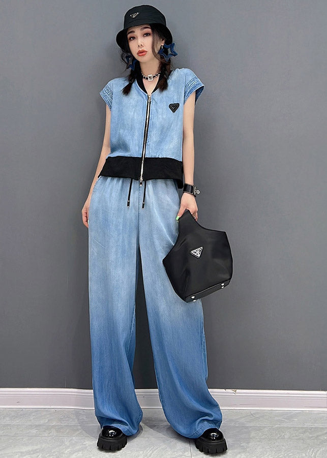 Fashion Blue Up V Neck Zip Coats And Long Pants Two Piece Set Summer