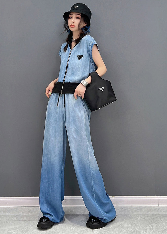 Fashion Blue Up V Neck Zip Coats And Long Pants Two Piece Set Summer