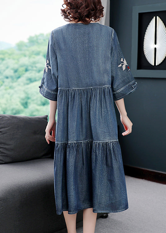 Fashion Blue V Neck Embroideried Cotton Holiday Denim Dress Half Sleeve